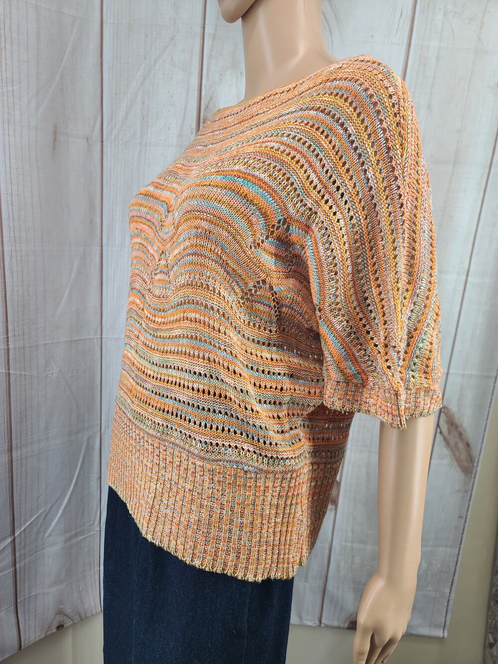 Absolutely Famous Women L Short-Sleeve Crotched Knit Top Multi-Color Lightweight